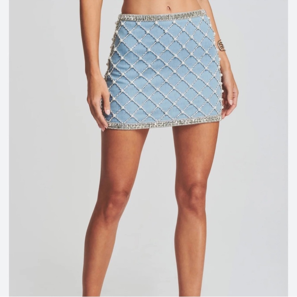 Retrofete Blue Embellished Mini Pencil Skirt